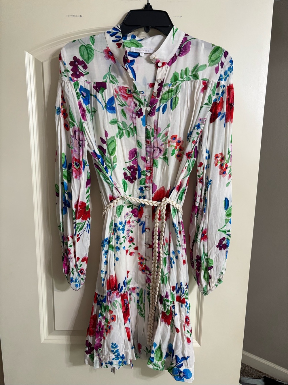 Olivaceous White Floral Long-Sleeve Tiered Dress with Rope Belt